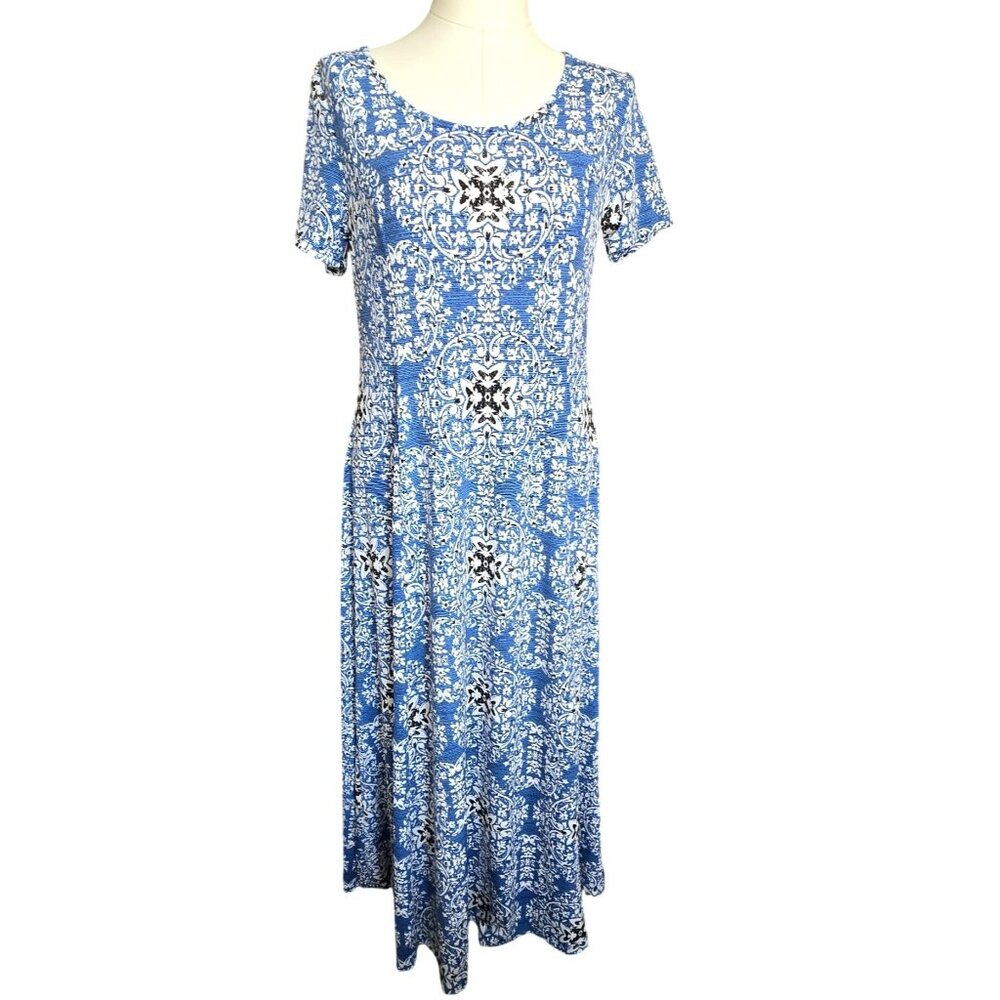 Blue & White Maxi Dress Patterned Short Sleeve Haani Petite Large JJ3939